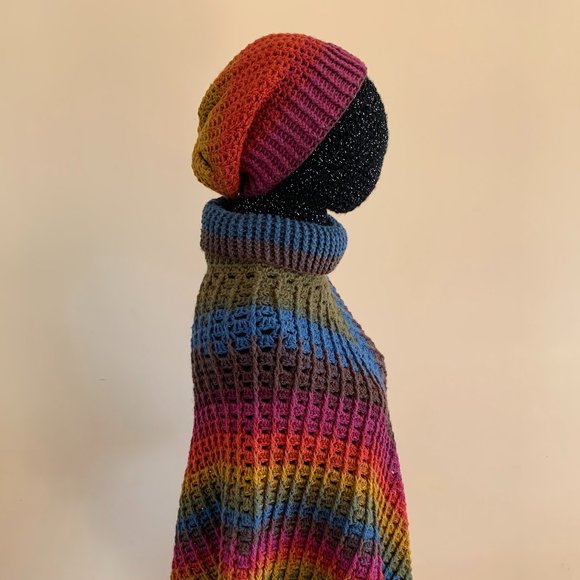 Crocheted Rainbow Poncho and Beanie Set (One Size Fits Most) - Picture 6 of 7